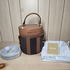 Michael Kors Mk Rare Bedford Stripe Travel Crossbody Hangbag Brown Black Logo